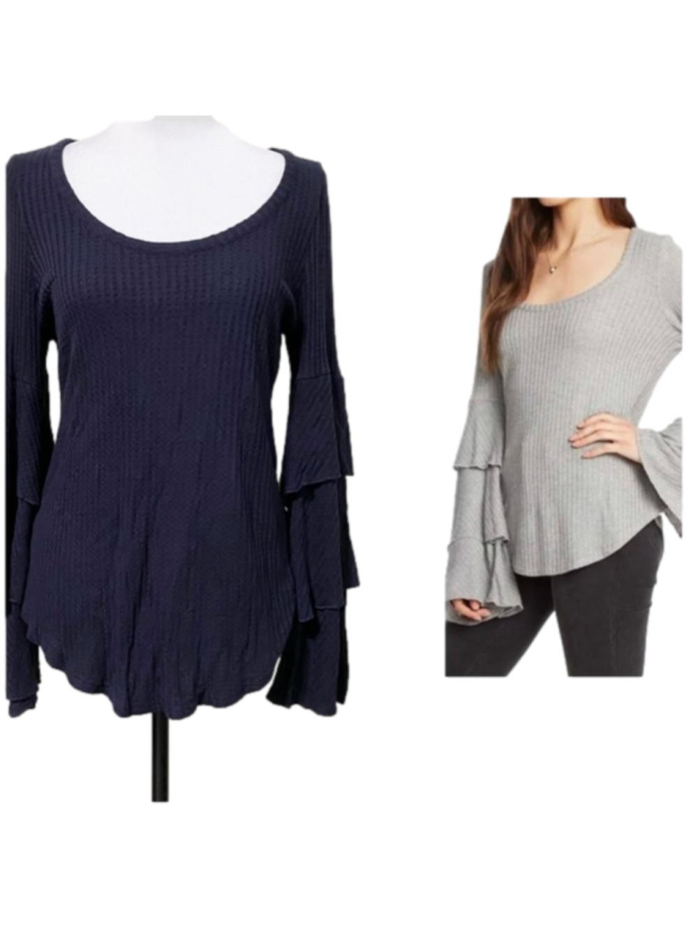 Chaser waffle tiered bell sleeve top dark blue size large